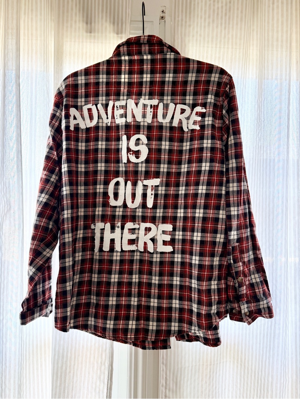 Cakeworthy Red Plaid Button-Down Shirt with 'Adventure Is Out There' Back Prin